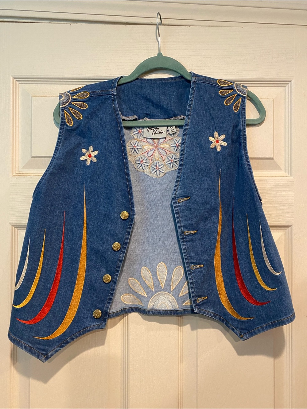 The Hippie Shake Embroidered Denim Vest in Blue with Red, Yellow, Cream Accents